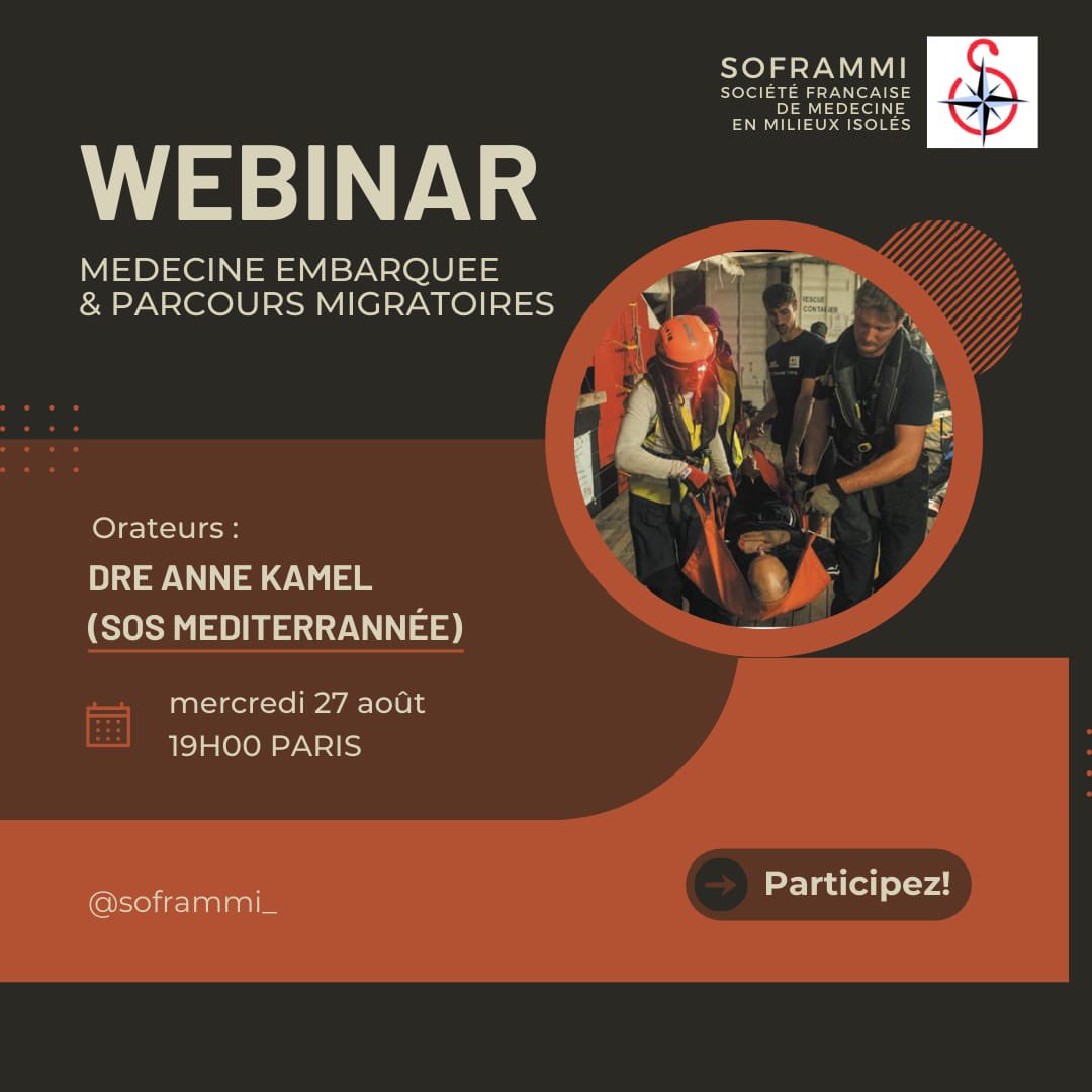 soframmi's tweet image. J -3 🚨

🌊 Médecine en mer &amp;amp; secours humanitaires : nouveau webinar 🚑

La Dre Anne Kamel partagera son expérience médicale avec SOS Méditerranée et les réalités de l’exercice médical en pleine mer.

🗓️ Mercredi 27 août à 19h00 (heure de Paris)

🔗 us06web.zoom.us/j/86735768120?…