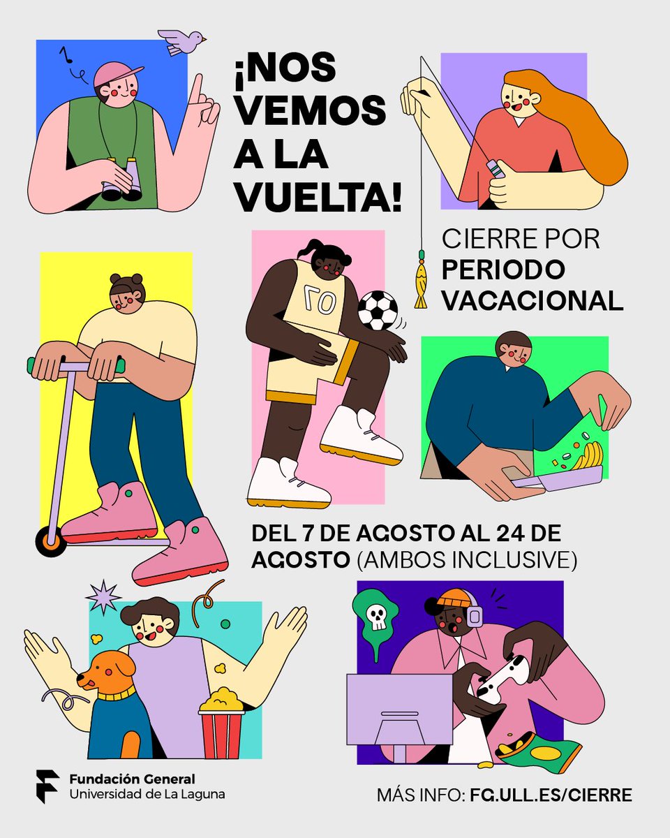 FundaciónGeneral ULL (@fg_ull) on Twitter photo La #FGULL regresa mañana tras el cierre por las vacaciones de verano. ☀️
😁Volvemos con la energía al 100% para ofrecerte servicios y actividades ¡Te esperamos! 🔛
#Cierreverano
<a href="/ULL/">Universidad de La Laguna</a> La #FGULL regresa mañana tras el cierre por las vacaciones de verano. ☀️
😁Volvemos con la energía al 100% para ofrecerte servicios y actividades ¡Te esperamos! 🔛
#Cierreverano
<a href="/ULL/">Universidad de La Laguna</a>