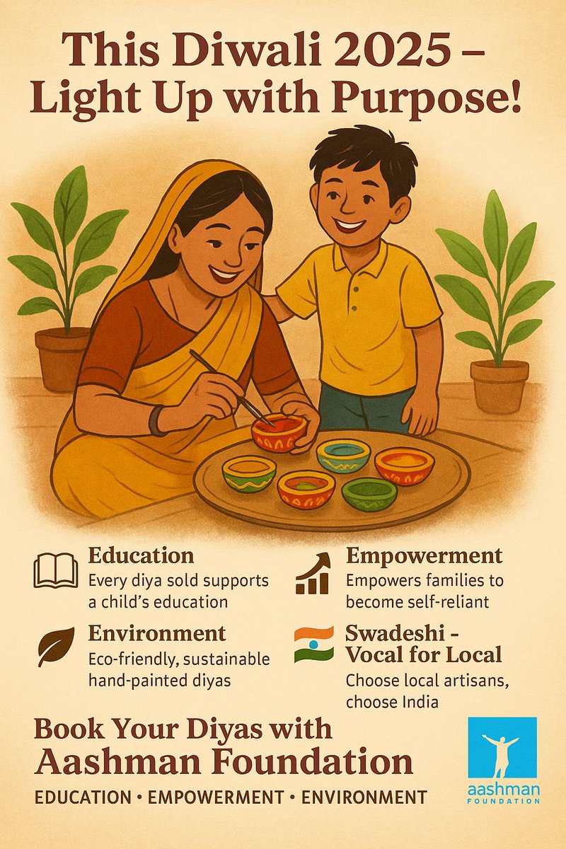 This Diwali, make your celebration truly meaningful!✨
Buy diyas and candles from Aashman Foundation—bring light to your home while giving education to children, empowerment to rural women, and supporting a sustainable, Swadeshi India. Light a diya, ignite change! 🪔 #swadeshi