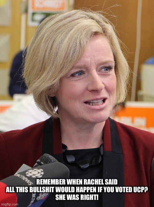 Terry T. 🇨🇦🇺🇦 (@terry_truchan) on Twitter photo HEY ALBERTA‼️
Remember when <a href="/RachelNotley/">Rachel Notley</a> said electing the UCP would make things expensive for Albertans, privatize our healthcare & education, & allow coal mining in our beautiful Rockies, & you told her she was fear mongering?
SHE WAS RIGHT ABOUT EVERYTHING! #abpoli #cdnpoli HEY ALBERTA‼️
Remember when <a href="/RachelNotley/">Rachel Notley</a> said electing the UCP would make things expensive for Albertans, privatize our healthcare & education, & allow coal mining in our beautiful Rockies, & you told her she was fear mongering?
SHE WAS RIGHT ABOUT EVERYTHING! #abpoli #cdnpoli
