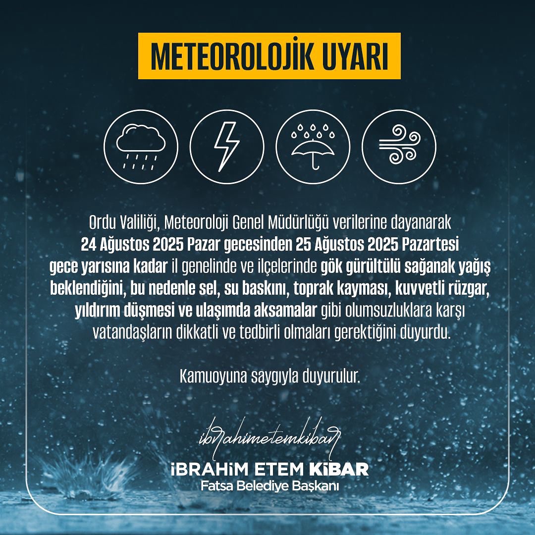 Meteorolojik uyarı 🌧️⚡⛈️

Yerel olarak kuvvetli yağışların oluşturabileceği olumsuzluklara karşı lütfen dikkatli olalım.‼️