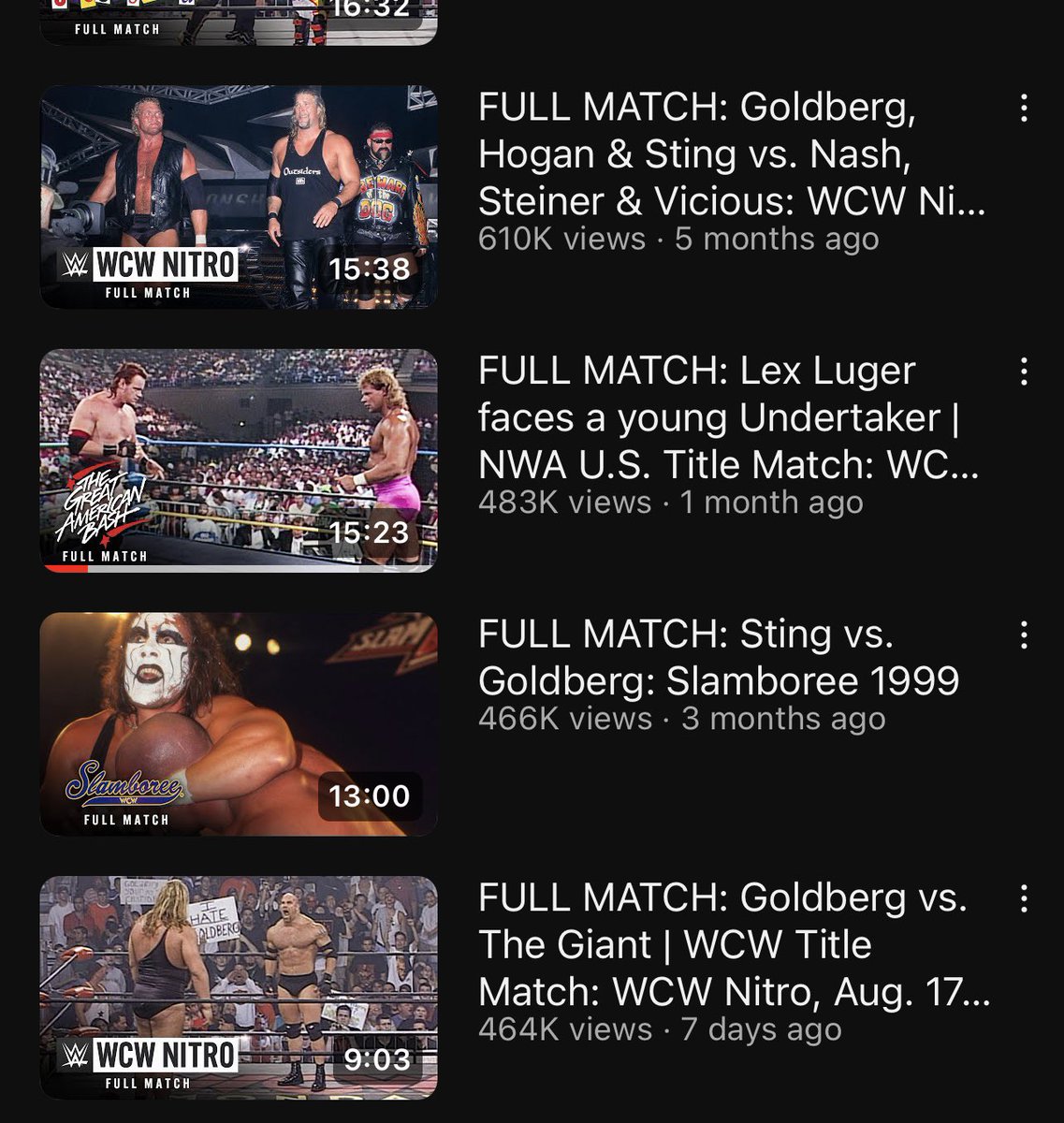 And just for my own curiosity - Goldberg has six of the top nine most watched videos on WCW’s channel. WCW channel is also significantly less watched than WWE Vault.