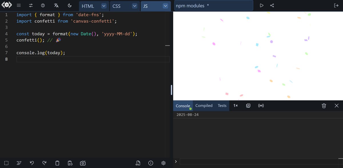 livecodes_io's tweet image. 📦 Import any NPM package directly

No installation or build needed! 

LiveCodes module resolution: livecodes.io/docs/features/…

#LiveCodes #NPM #Modules