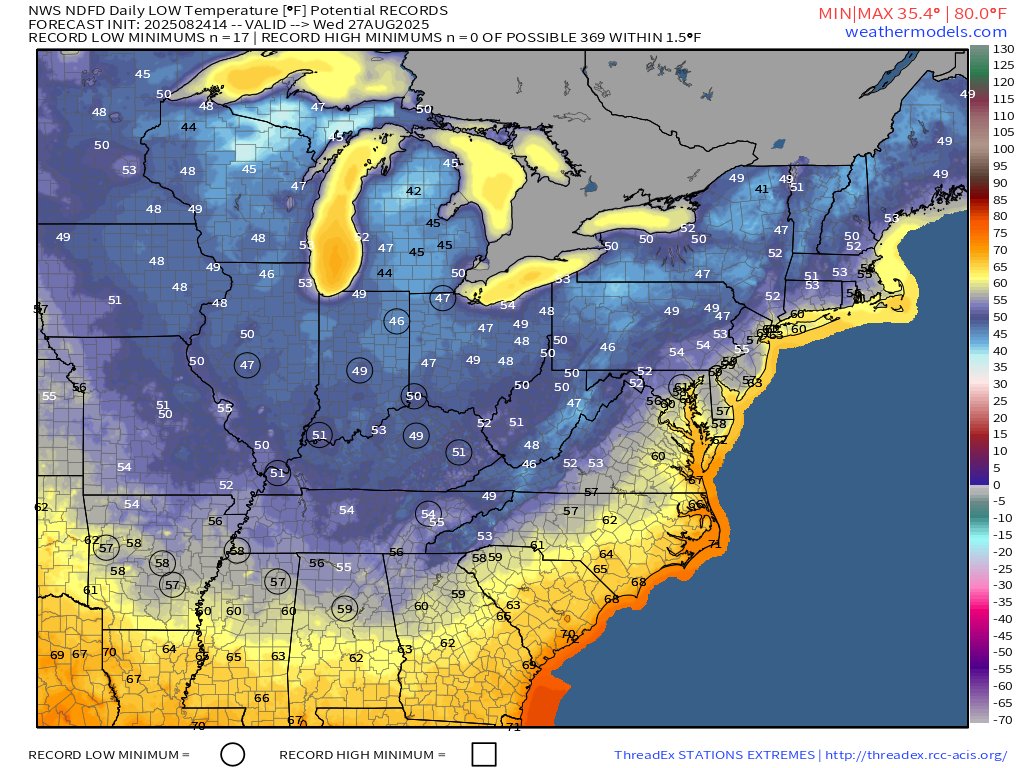 Record cold temperatures this week on the table! 

From Indianapolis to Birmingham Wednesday AM is expected to tie or break all-time record cold lows.