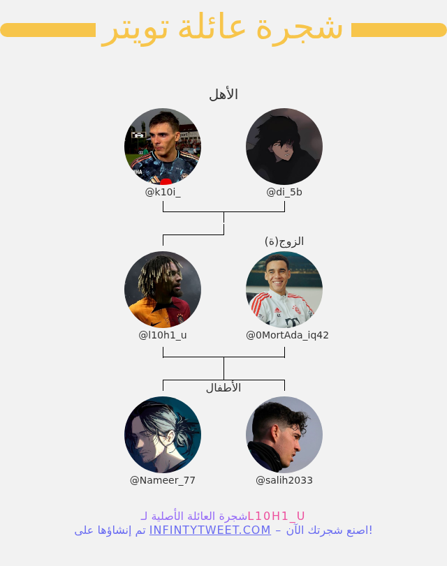 👨‍👩‍👧‍👦 أسرتي على تويتر:
👫 الأهل: <a href="/k10i_/">🇸🇦|🇵🇸 10</a> <a href="/di_5b/">Kadhm</a>
👰 الزوج(ة): <a href="/0MortAda_iq42/">𝑀𝑜_ 𝑏𝑦 🇮🇶</a>
👶 الأطفال: <a href="/Nameer_77/">Nameer</a> <a href="/salih2033/">صالح⭐️⭐️</a>

⬅️ infintytweet.me/family-tree?la…