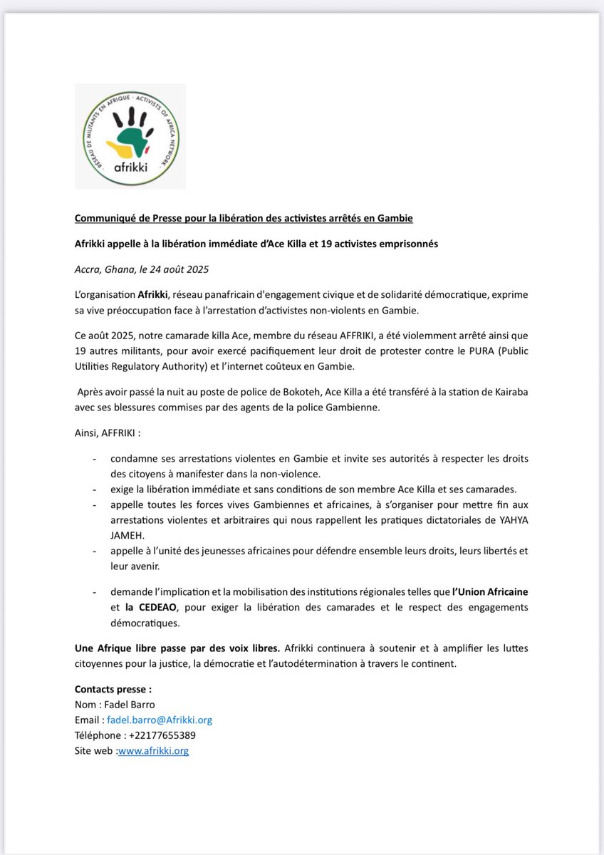 Afrikki appelle à la libération immédiate d’ACE KILLA et ses 19 camarades arrêtés en Gambie depuis le 22/08/2025. 

Une Afrique libre passe par des voix libres. 
#FreeGambie