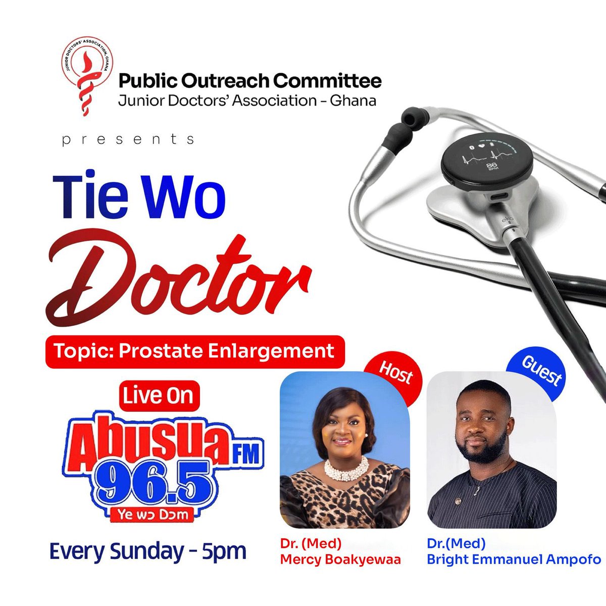Prostate Enlargement is common, but often ignored until it’s too late. Let’s change that. Tune in this Sunday, 5pm, Abusua FM 96.5. #TieWoDoctor