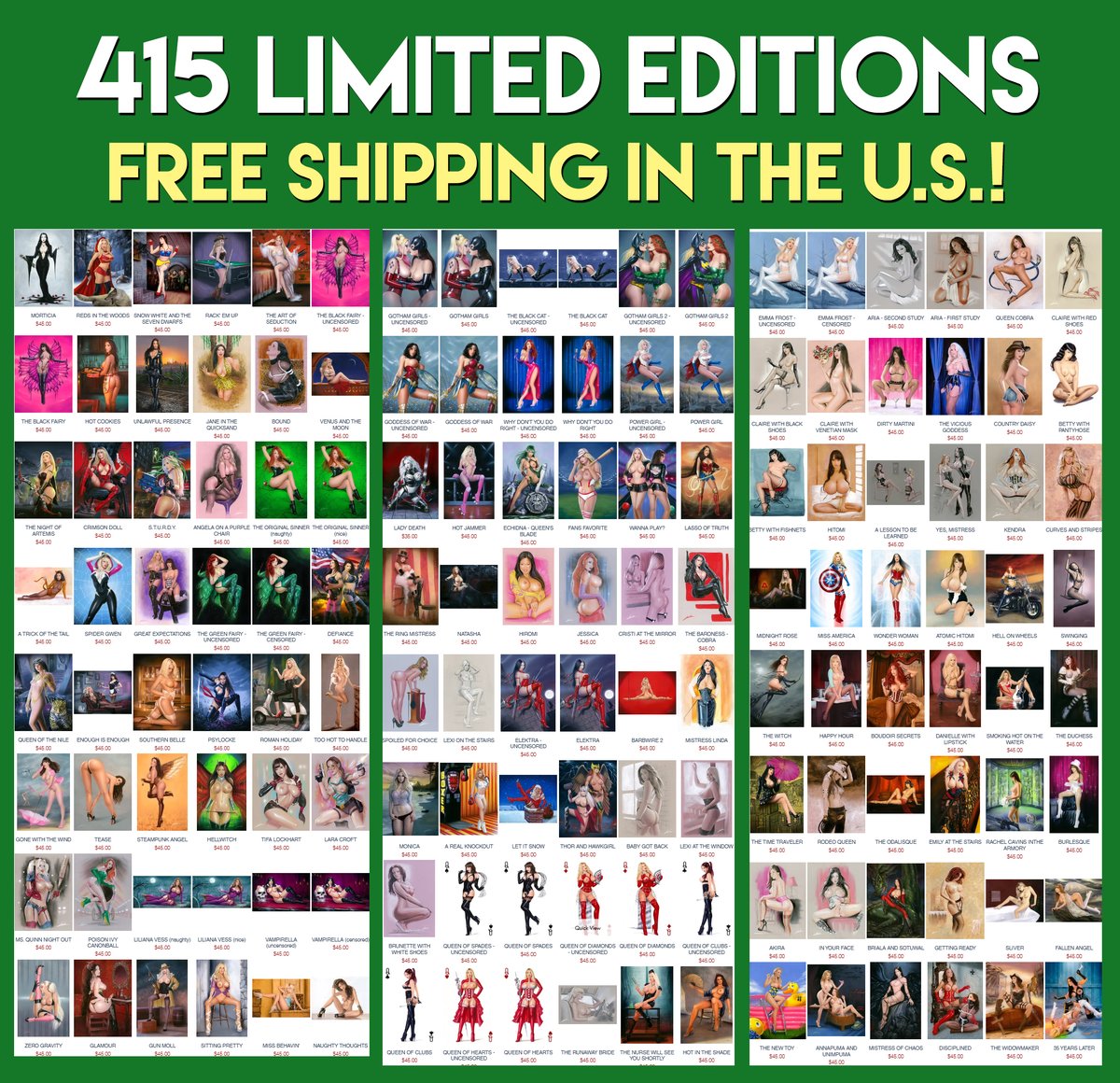 When you pledge for WILD at LorenzoKickstarter.com, you can select ANY of my 415 Limited Editions from my Official Store at LorenzoArt.com and pay ZERO extra shipping in the US!

✨ 1 print or 10, it doesn’t matter — you only pay for the art itself.
✨ Any size you