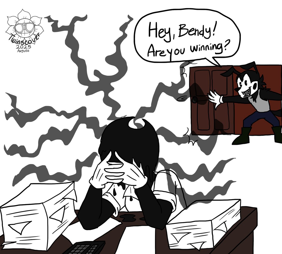 twinscover12's tweet photo. Day 24 of The Ink Demonth 2025, Taxes.
Even Bendy doesn't like doing taxes. It's funny to draw him like this.
#bendyandtheinkmachine #bendyandthedarkrevival #batim #batdr #batimau #theinkdemonth #moderntoonau https://t.co/B5XtX6B7W2