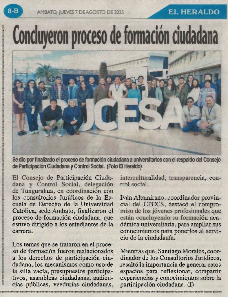 #Tungurahua | #CPCCSINFORMA 
PRENSA: Concluyeron proceso de formación ciudadana 
07/08/2025 - Diario El Heraldo <a href="/ElHeraldoAmbato/">El Heraldo Ambato</a>
#ConsejoEnTerritorio