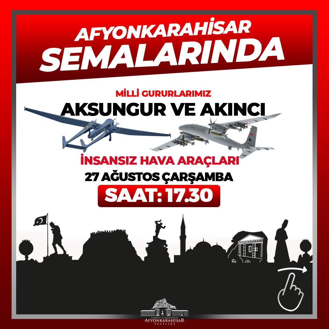 🎉 Sevgili öğrencilerimiz, değerli akademik/idari personelimiz,

Milli gururlarımız SOLOTÜRK, Aksungur ve Akıncı Afyonkarahisar semalarında bizlerle buluşuyor! 🇹🇷✈️

📌 26 Ağustos’ta SOLOTÜRK, Kocatepe’den başlayarak şehrimiz üzerinde Selamlama ve Saygı Uçuşu yapacak.
📌 27
