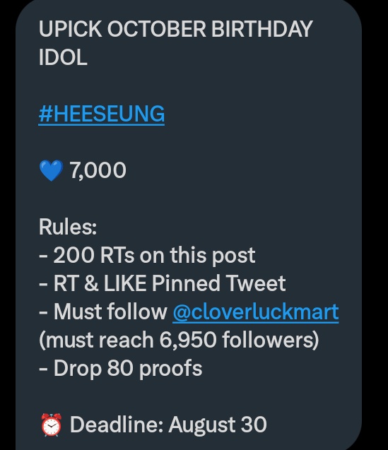 kath: fan account (@miamorenha) on Twitter photo UPICK OCTOBER BIRTHDAY IDOL
#HEESEUNG
๐ 7,000
Rules:
- 200 RTs on this post
- RT & LIKE Pinned Tweet
- Must follow <a href="/cloverluckmart/">Clover Mart๐ SEE ๐</a> (must reach 6,950 followers)
- Drop 80 proofs
โฐ Deadline: August 30 UPICK OCTOBER BIRTHDAY IDOL
#HEESEUNG
๐ 7,000
Rules:
- 200 RTs on this post
- RT & LIKE Pinned Tweet
- Must follow <a href="/cloverluckmart/">Clover Mart๐ SEE ๐</a> (must reach 6,950 followers)
- Drop 80 proofs
โฐ Deadline: August 30