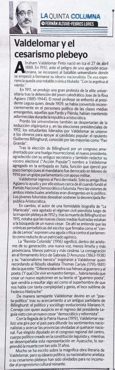 Mucho se ha escrito sobre la magnífica obra literaria de Valdelomar, pero su ideario político, su nacionalismo arielista o su cesarismo plebeyo han sido olvidados para no incomodar al progresismo cultural reinante.
📰 Mi columna de hoy en <a href="/ExpresoPeru/">Diario Expreso</a>