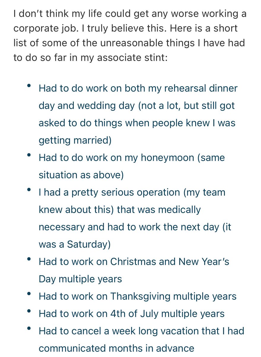 BoringBiz_'s tweet photo. Private equity associate talks about he was expected to work during

> his wedding day and rehearsal
> on his honeymoon
> surgery
> all of the holidays

People forget that PE is banking 2.0 with 2x intensity and responsibility

Not the promise land people make it out to be https://t.co/CyfIZfBB1x