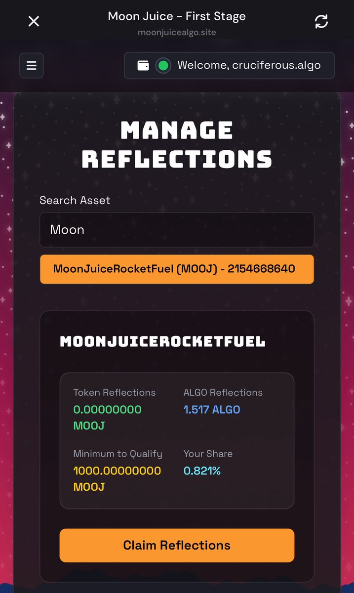 Did you know that <a href="/MoonJuiceAlgo/">Moon Juice</a> has automated your rewards so now they accumulate in the moment? They’re called Reflections, and it works for ALL tokens created on First Stage. Every time someone sells, you receive your rewards. Hold to earn; it literally couldn’t be easier!