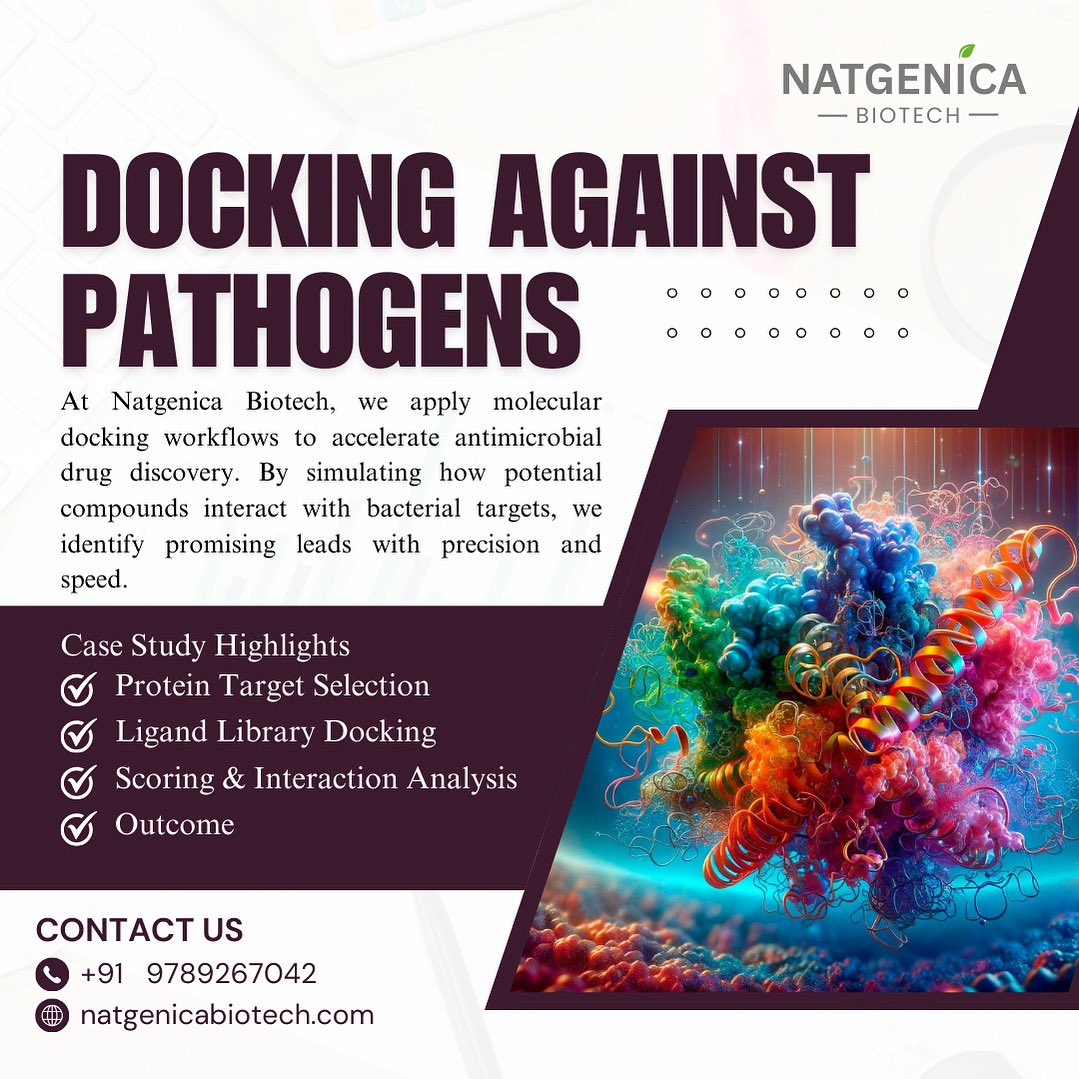 Docking Innovation. Defeating Pathogens 🧬🔬 . At Natgenica Biotech, we use molecular docking to accelerate antimicrobial drug discovery — simulating how compounds interact with bacterial proteins to identify the most promising leads. 🚀✨
#MolecularDocking #DrugDiscovery #India