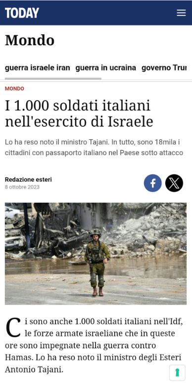 Garbaste (@garbaste) on Twitter photo I 3 foreign fighters italiani che andarono con i curdi a combattere l'ISIS al loro rientro in italia sono stati arrestati e processati.
I 1000 che uccidono civili a Gaza rendendosi complici del GENOCIDIO vengono chiamati "soldati".
Sono degli assassini, li chiameranno eroi? I 3 foreign fighters italiani che andarono con i curdi a combattere l'ISIS al loro rientro in italia sono stati arrestati e processati.
I 1000 che uccidono civili a Gaza rendendosi complici del GENOCIDIO vengono chiamati "soldati".
Sono degli assassini, li chiameranno eroi?