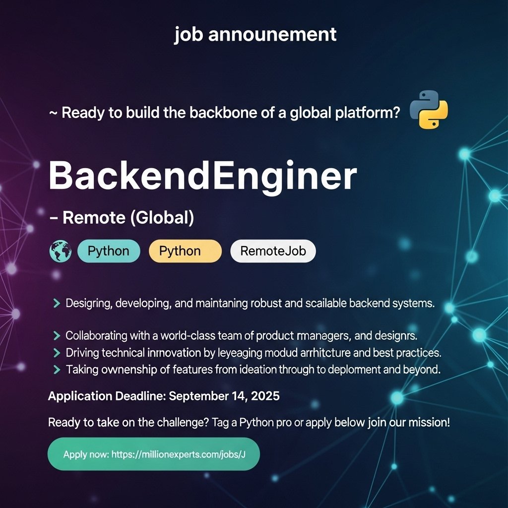millionexperts's tweet image. 🐍 𝘽𝙖𝙘𝙠𝙚𝙣𝙙 𝙀𝙣𝙜𝙞𝙣𝙚𝙚𝙧 𝙋𝙮𝙩𝙝𝙤𝙣 𝙍𝙚𝙢𝙤𝙩𝙚𝙅𝙤𝙗
📍 Remote (Global)

𝗔𝗽𝗽𝗹𝘆: millionexperts.com/jobs/Job-annou…

#BackendDeveloper #PythonDeveloper #Hiring #TechJobs #RemoteWork #SoftwareEngineer #DeveloperJobs