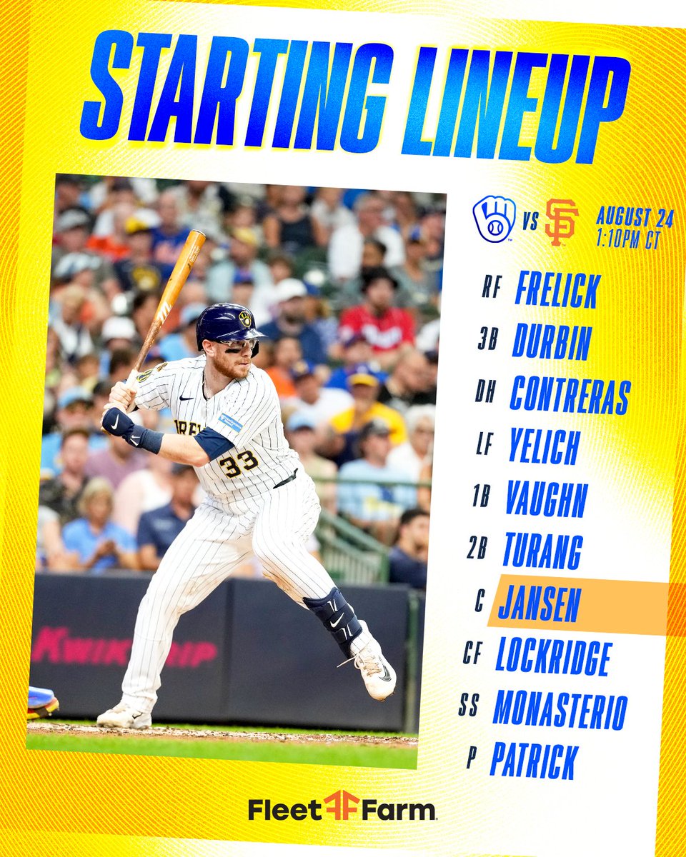 Brewers's tweet photo. Today's nine behind Patrick

📺: @FanDuelSN_WI
📻: @620wtmj

#ThisIsMyCrew x @fleet_farm https://t.co/T2T4a6OFYa