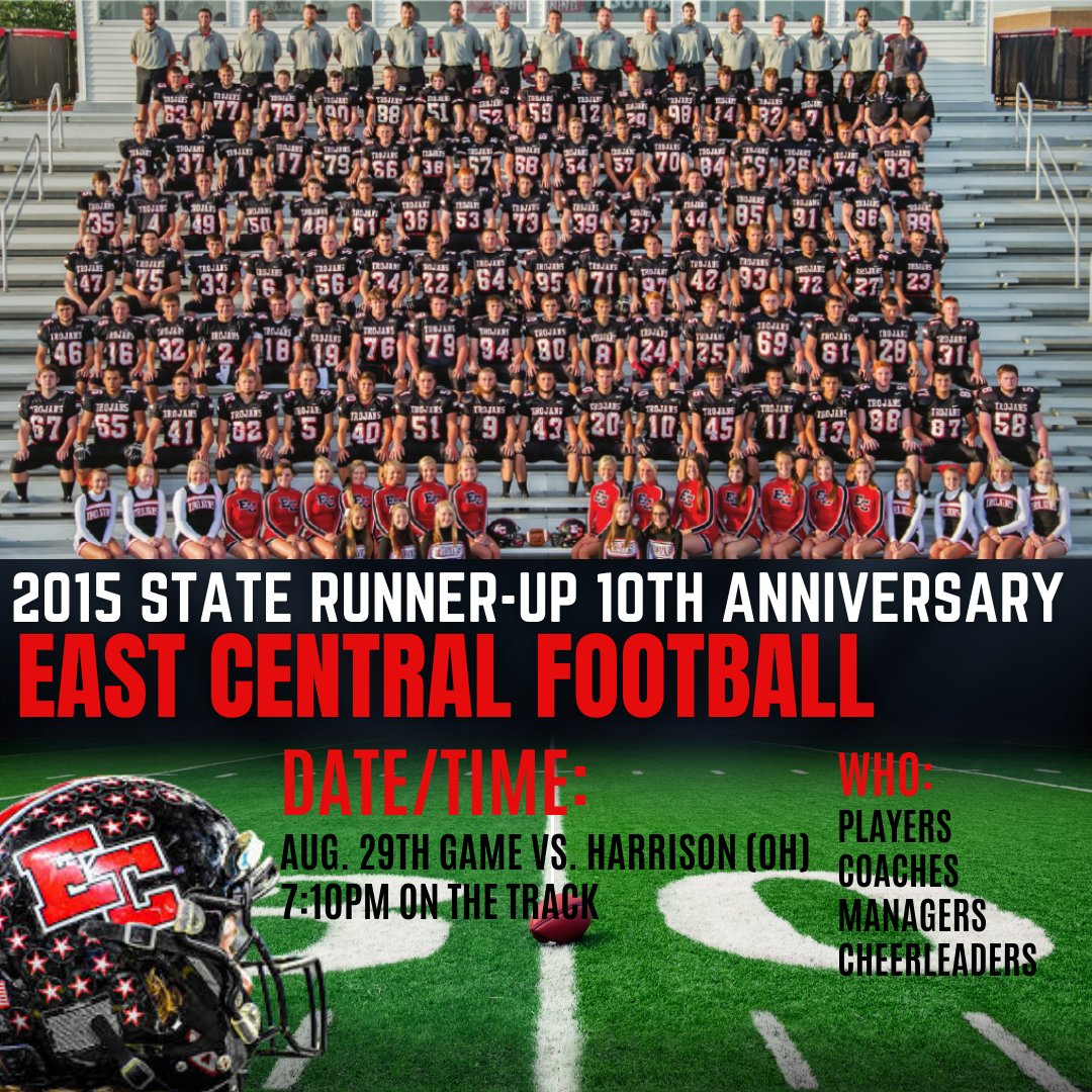 Just another reminder about this Friday's 2015 State Runner-Up Anniversary Team celebration before the Harrison (OH) @ East Central football game.

2015 players/coaches/managers/cheerleaders that want to participate need to be on the track by 7:10pm near the home concessions area