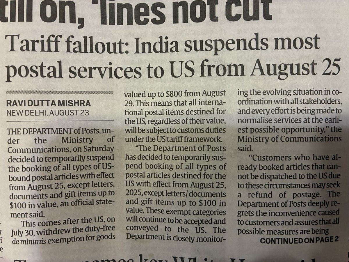 Minhaz Merchant (@minhazmerchant) on Twitter photo Mischievous header, implying India singled out. In fact Europe has done exactly the same as India & suspended most postal sevices to the US from August 25. Does <a href="/IndianExpress/">The Indian Express</a> mention that on the front page? Of course not. What a tawdry paper IE has morphed into Mischievous header, implying India singled out. In fact Europe has done exactly the same as India & suspended most postal sevices to the US from August 25. Does <a href="/IndianExpress/">The Indian Express</a> mention that on the front page? Of course not. What a tawdry paper IE has morphed into