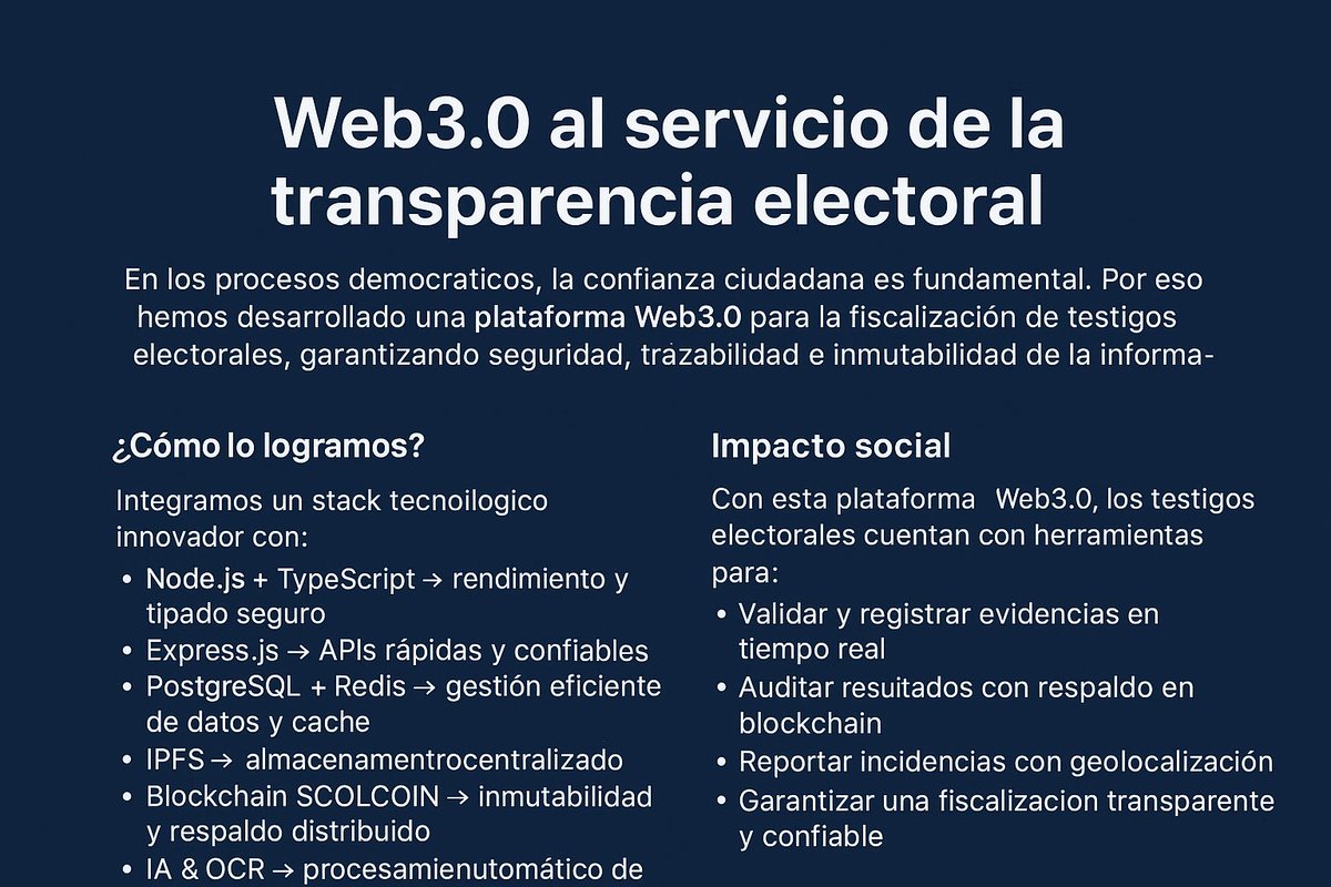 La democracia se fortalece con transparencia real. Nuestra plataforma Web3.0 permite a los testigos electorales auditar, registrar y validar en tiempo real cada evidencia, con el respaldo de la blockchain #SCOLCOIN.#TransparenciaElectoral #Web3 #Blockchain #DemocraciaDigital