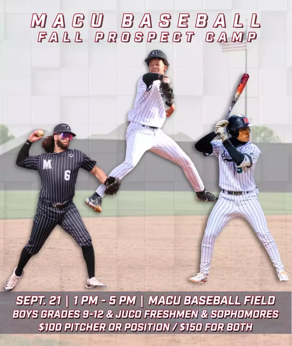Our 2025 Prospect Camp is just 4 weeks away! Register now for a chance to showcase your skills. 

📆 Sunday September 21st
📍James Curtis Field
⏰ 1:00 PM

Includes: Pro Style Workout, Scrimmages, &amp; Campus Tour 

Register here: macuathletics.com/registrations/…