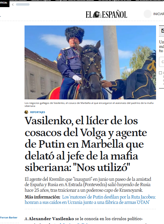 El cosaco de Marbella que se hizo la foto en junio inaugurando un paseo de la amistad de España y Rusia con el alcalde gallego de A Estrada fue un matón de la mafia rusa al que el 'padrino' de Siberia contrató para matar a su enemigo Le traicionó (1 de 7). elespanol.com/reportajes/202…