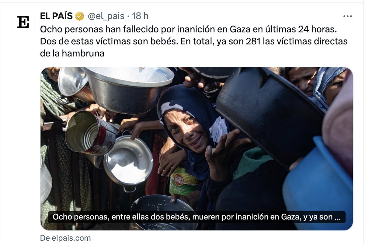 Titular alternatiu (i molt més comprensible) per a <a href="/el_pais/">EL PAÍS</a>:
"Israel mata de hambre a 8 personas en Gaza en solo un día. Dos de las personas asesinadas son bebés. En total son 281 los asesinatos de palestinos por parte de Israel usando la comida como arma de destrucción masiva".