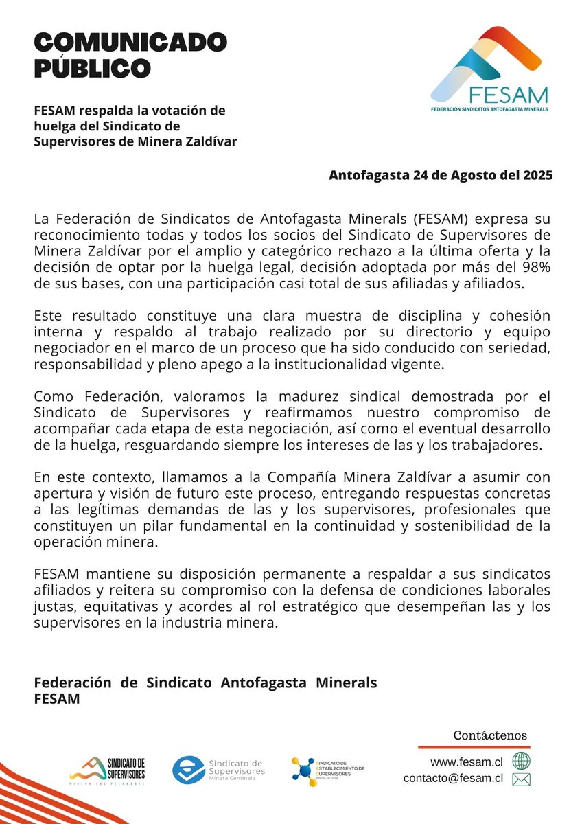 COMUNICADO PÚBLICO FESAM RESPALDA LA VOTACIÓN DE HUELGA DEL SINDICATO DE SUPERVISORES DE MINERA ZALDÍVAR