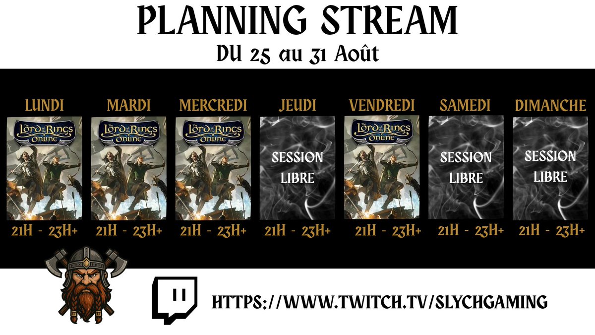 Hello l'équipe !🫡

Les streams arrivent… et ça va chauffer, rendez-vous dès demain soir 21 H 00 sur ma chaîne twitch ! 🚀🔥

twitch.tv/slychgaming

Bon dimanche à tous☀️

<a href="/TwitchFR/">Twitch FR</a> #TwitchStreamers #twitchgaming #gamer #thelordoftherings #MMORPG #twitchgamer #PvE #twitchtv