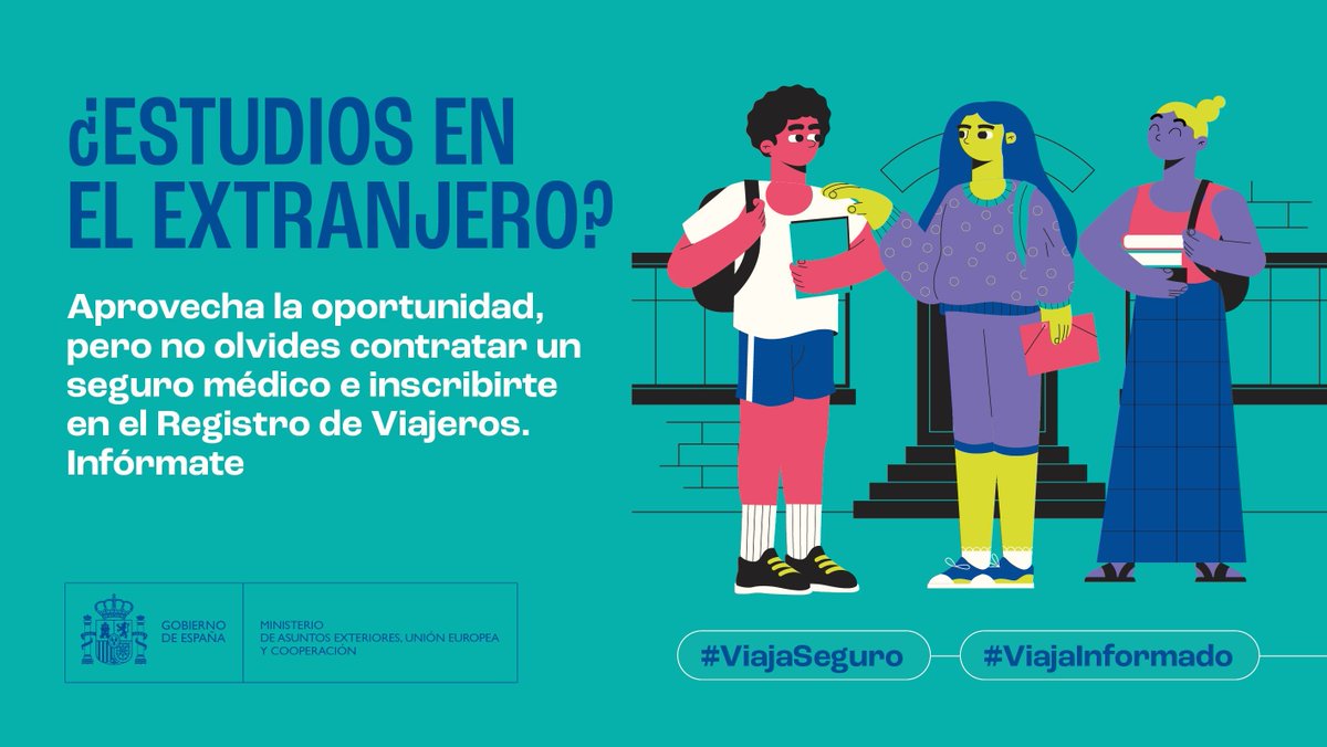 ✈️¿Vas a estudiar en el extranjero?

🧳Evita problemas, contrata un seguro médico e inscríbete en el Registro de Viajeros y en el Registro de Matrícula Consular. #ViajaSeguro y #ViajaInformado

ℹ️ Más información en exteriores.gob.es/Embajadas/buda…