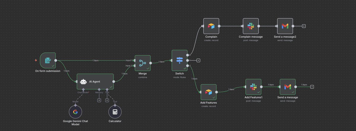 CodeWithHarsh_'s tweet image. 🚀 Built an AI-powered feedback workflow!

✍️ On form submission → AI Agent (Gemini) interprets input
🔀 Switch auto-sorts: Complaint 🆚 Feature request
📊 Logs in Airtable
🔔 Sends alerts to Slack
📧 Notifies via Email
No more manual triage. ⚡ #n8n #AI #Automation