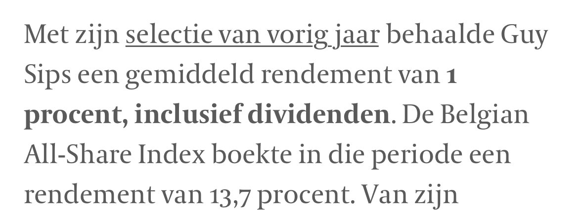 ZegNiZwaZegNiWi's tweet image. @GuySips van @KBCSecurities keek een beetje sip omdat zijn selectie vorig jaar 1% opbracht en de markt 14%. 

Als je wil weten welke aandelen je moet vermijden, is het lijstje van Sips dus interessant. #tijd #hangmat