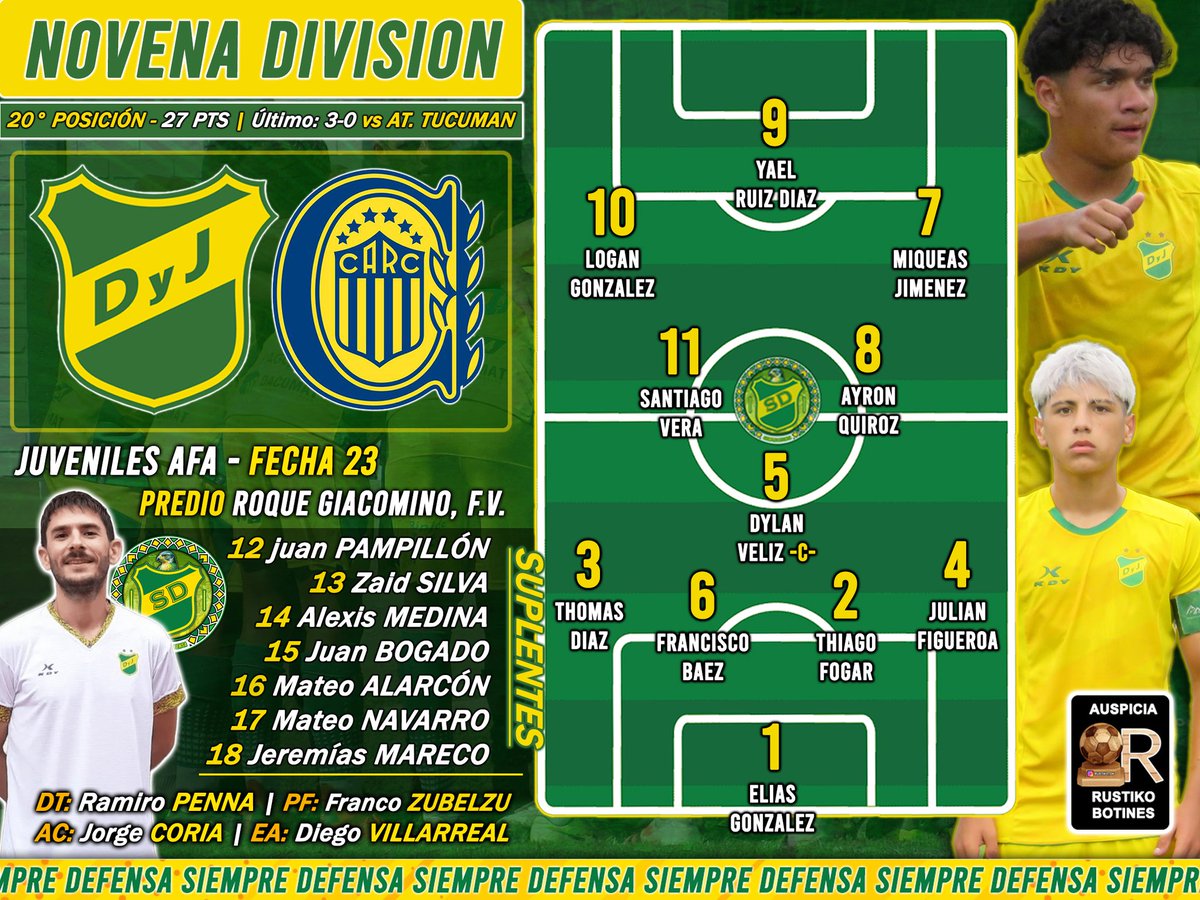 #JuvenilesAFA ⚽ ¡JUEGA LA NOVENA!

🦅 La 2011 de Defensa y Justicia ya recibe a Rosario Central en el Predio Roque Giacomino 🏡 por la Fecha 23 del Torneo 🏆

¡VAMOS LOS PIBES! 🔰
