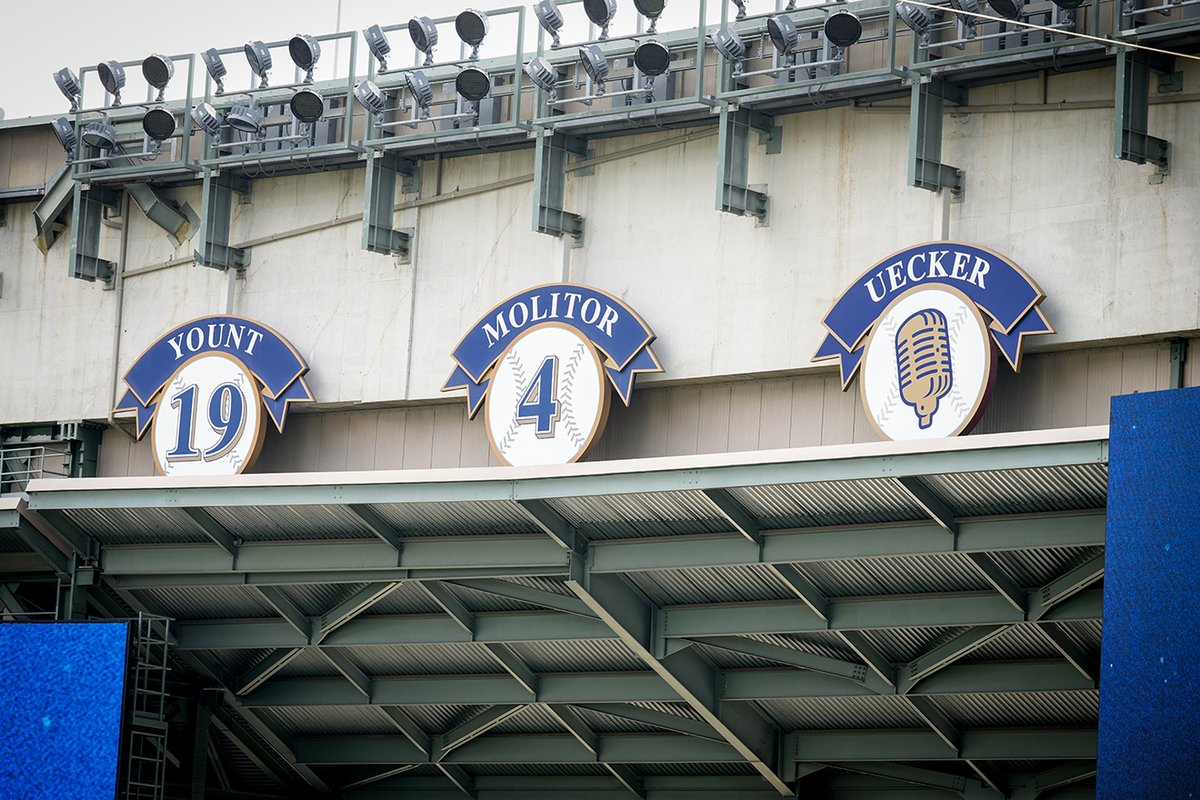 Brewers's tweet image. Alongside the names of iconic players and retired numbers, Bob Uecker’s medallion has been updated to display a single microphone and his name, representing the indescribable mark Bob has had on both on the airwaves and our Club 🎙️