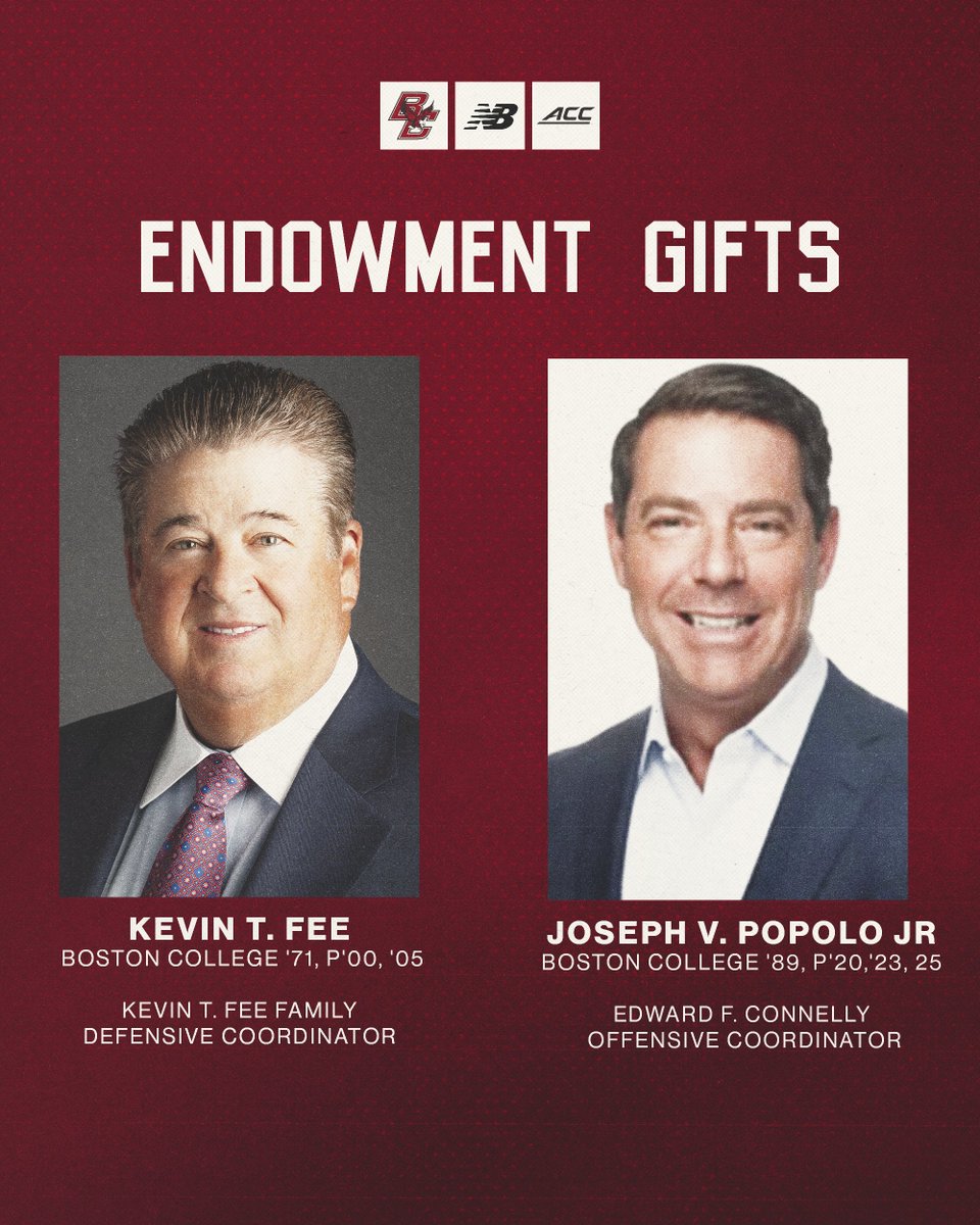 BCEagles's tweet image. Boston College receives gifts from Kevin T. Fee and Joseph V. Popolo Jr. to endow the offensive and defensive coordinator positions with
@BCFootball.

➡️ bit.ly/4lIRZwf