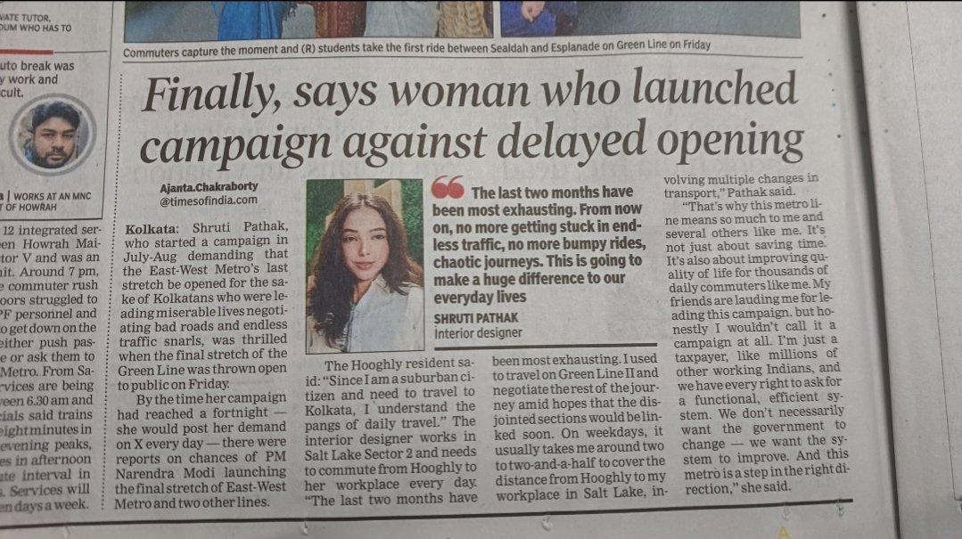 Shrutiisreal's tweet photo. Feeling grateful and excited! 📰
So happy to be featured in The Times of India.
Thank you, @timesofindia, for recognizing my thoughts and sharing my experience as a daily commuter. 💛

#TimesOfIndia #KolkataMetro #Gratitude https://t.co/3pEIWJ20U8