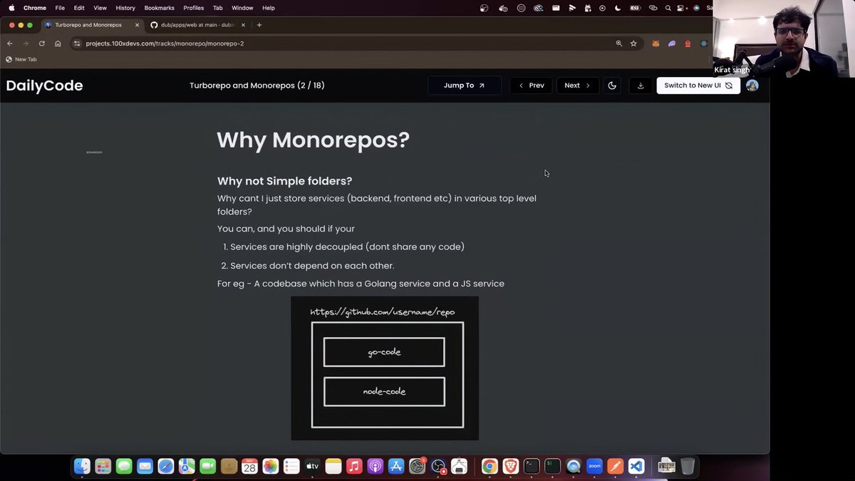 mukundjha_mj's tweet image. ✅ Day 100 of #100DaysOfWebDev 
Learned about monorepos with @100xDevs and @kirat_tw 
• Single repo for frontend + backend 
• Pros: shared code, centralized tooling, faster CI with caching
• Cons: extra complexity 
Focusing on Turborepo today 

#Monorepo #Turborepo #DevTools