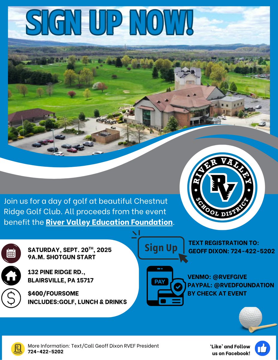 Join the River Valley Education Foundation for a fall golf outing at Chestnut Ridge Golf Resort! ⛳ Support student programs and enjoy a day on the course.

<a href="/RVSDSuper/">Philip Martell</a> <a href="/rvhspanthers1/">River Valley High School</a> <a href="/River_Valley_MS/">River Valley Middle School</a> <a href="/RVSDBES/">Blairsville Elementary School</a> <a href="/SbgPrincipal/">Tracy Richards</a> <a href="/STEAMDirector/">River Valley STEAM Academy</a>