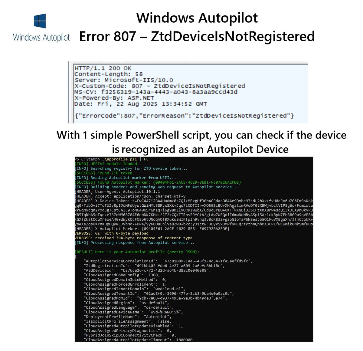 This blog shows how a Windows device retrieves its Autopilot profile from the ztd.dds.microsoft.com during OOBE. More importantly, we’ll see how you can mimic that process yourself to confirm whether a device should be capable of fetching its profile.
call4cloud.nl/autopilot-prof…