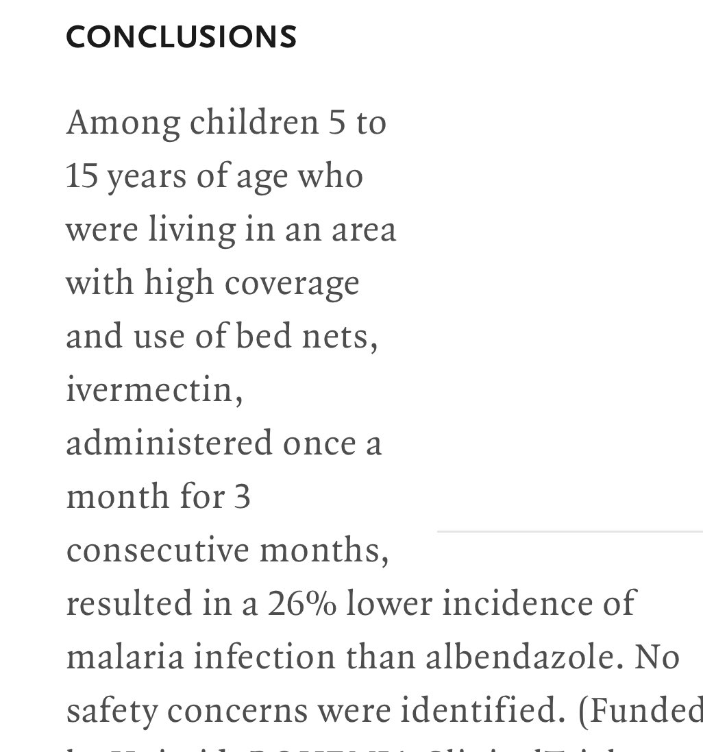 Niall Conroy (@nicu_doc_salone) on Twitter photo Here’s something the #Ivermectin fans can get excited about. It’s useless against #covid but mass administration seems to reduce the incidence of malaria in children over 5 years. Widespread use once per month reduced malaria infections by about a quarter. Possibly more-wide Here’s something the #Ivermectin fans can get excited about. It’s useless against #covid but mass administration seems to reduce the incidence of malaria in children over 5 years. Widespread use once per month reduced malaria infections by about a quarter. Possibly more-wide
