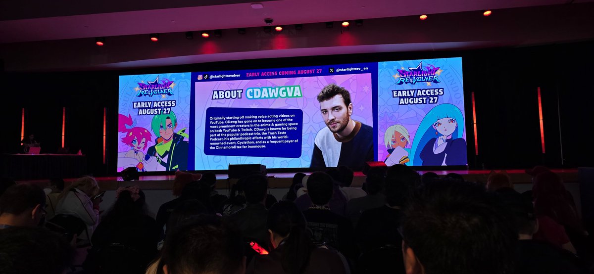 XtremeNoE's tweet photo. IRL chat at the Starlight Revolver panel was so fun! So cool to see them play and love the panel mentioning the Cinnomoroll tax @CDawgVA has to pay to @ironmouse 😆 @StarlightRev_EN #starlightrevolver https://t.co/pZUsZH7olb