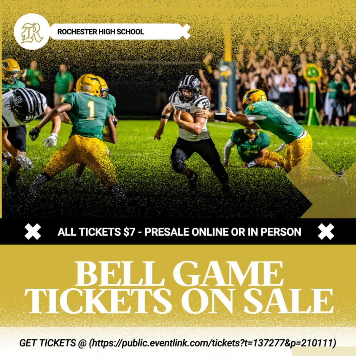 ZebraAD1's tweet image. Bell Game tickets are officially on sale! Pre-sale tickets can be purchased in the front office of Rochester Community High School, or online at (public.eventlink.com/tickets?t=1372…). Cash &amp;amp; Card options will be available at the gate on Friday night!