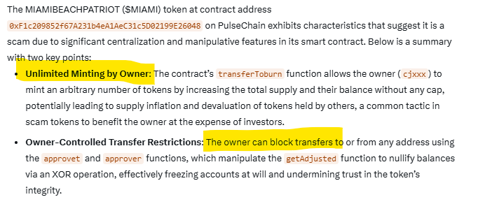🚨 Scam alert on PulseChain  🚨

Don't buy the "MIAMI BEACH PATRIOT" ( $MIAMI ) token launched 4 hour ago on $PLSX, it's a scam. 👀 

The owner can mint unlimited new coins and block any transfers.👀

Stay safe  💪

CA: 0xF1c209852f67A231b4eA1AeC31c5D02199E26048