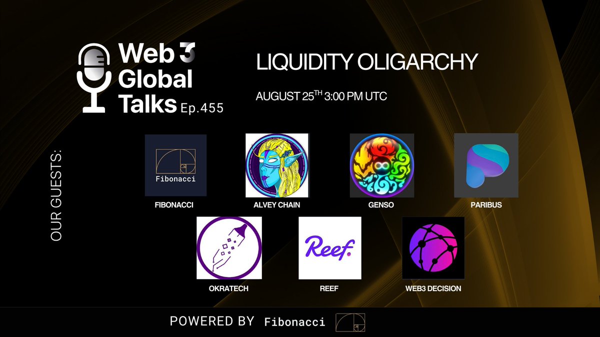 📻 #GM - Start your week right with Monday's Web3 Global Talks! 

🎙️  Our Guests: <a href="/Fibonacci_HFT/">Fibonacci - HFT fund</a>, <a href="/AlveyChain/">Alvey</a>, <a href="/genso_meta/">GENSO Meta</a>, <a href="/paribus_io/">Paribus</a>, <a href="/Ortcoin1/">Okratech Token (ORT)</a>, <a href="/Reef_Chain/">🐠 Reef</a>, <a href="/web3decision/">Web3 Decision</a> 

Set your reminders 👇