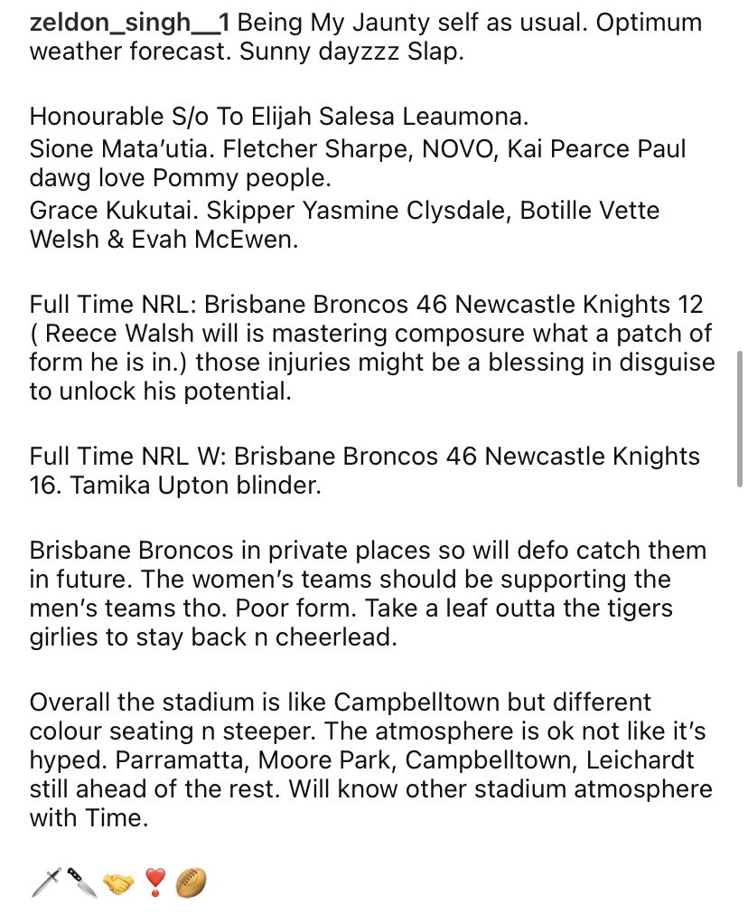 SinghZeldon's tweet image. Being Jaunty as usual. Broncos W’s. Honourable S/o To Elijah Salesa Leaumona.Sione Mata’utia. Fletcher Sharpe, NOVO, Kai Pearce Paul dawg love Pommy people.Grace Kukutai. SkipperYasmine Clysdale, Botille Vette Welsh &amp;amp;Evah McEwen.

🗡️🔪🤝❣️🏉

#zeldonsingh 
#zee
#ootd
#nrl 
#nrlw