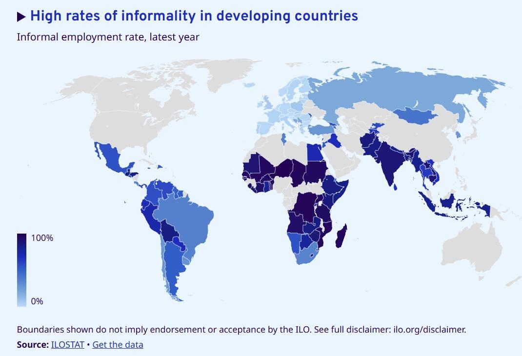 Informal Employment [(%), (2023-2025)]

Colombia🇨🇴: 56.1
Mexico🇲🇽: 55.5
Costa Rica🇨🇷: 37.4
Chile🇨🇱: 27.5
Türkiye🇹🇷: 27.3
Poland🇵🇱: 7.7
Slovakia🇸🇰: 5.1
Portugal🇵🇹: 4.5
Greece🇬🇷: 4.1
Italy🇮🇹: 3.5
Luxembourg🇱🇺: 3.5
France🇫🇷: 3.3
Lithuania🇱🇹: 3.1
Sweden🇸🇪: 2.9
Netherlands🇳🇱: 2.4