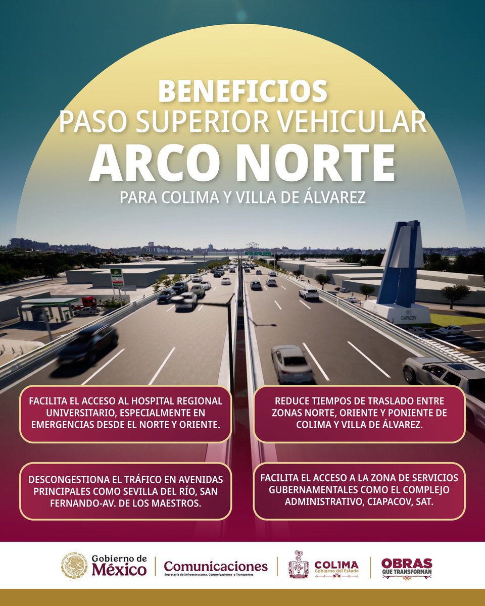 indira_vizcaino's tweet image. Colima y Villa de Álvarez tendrán una mejor movilidad y conectividad. 🛣 La obra del Paso Superior Vehicular 'Arco Norte', traerá beneficios directos que mejorarán el día a día de las y los colimenses que transitan por la zona. Aquí te compartimos algunos.👇🏼