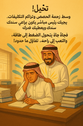 تخيل!
وسط زحمة الحصص وتراكم التكليفات.. 
يجيك المسؤول المباشر يكون سندك
يراعي ظروفك ويعطيك قدرك✨ 

فجأة يتحول الضغط إلى طاقة
والتعب إلى راحة
وتعيش تفاؤل ما له حدود!

تحيه لكل قائد ملهم